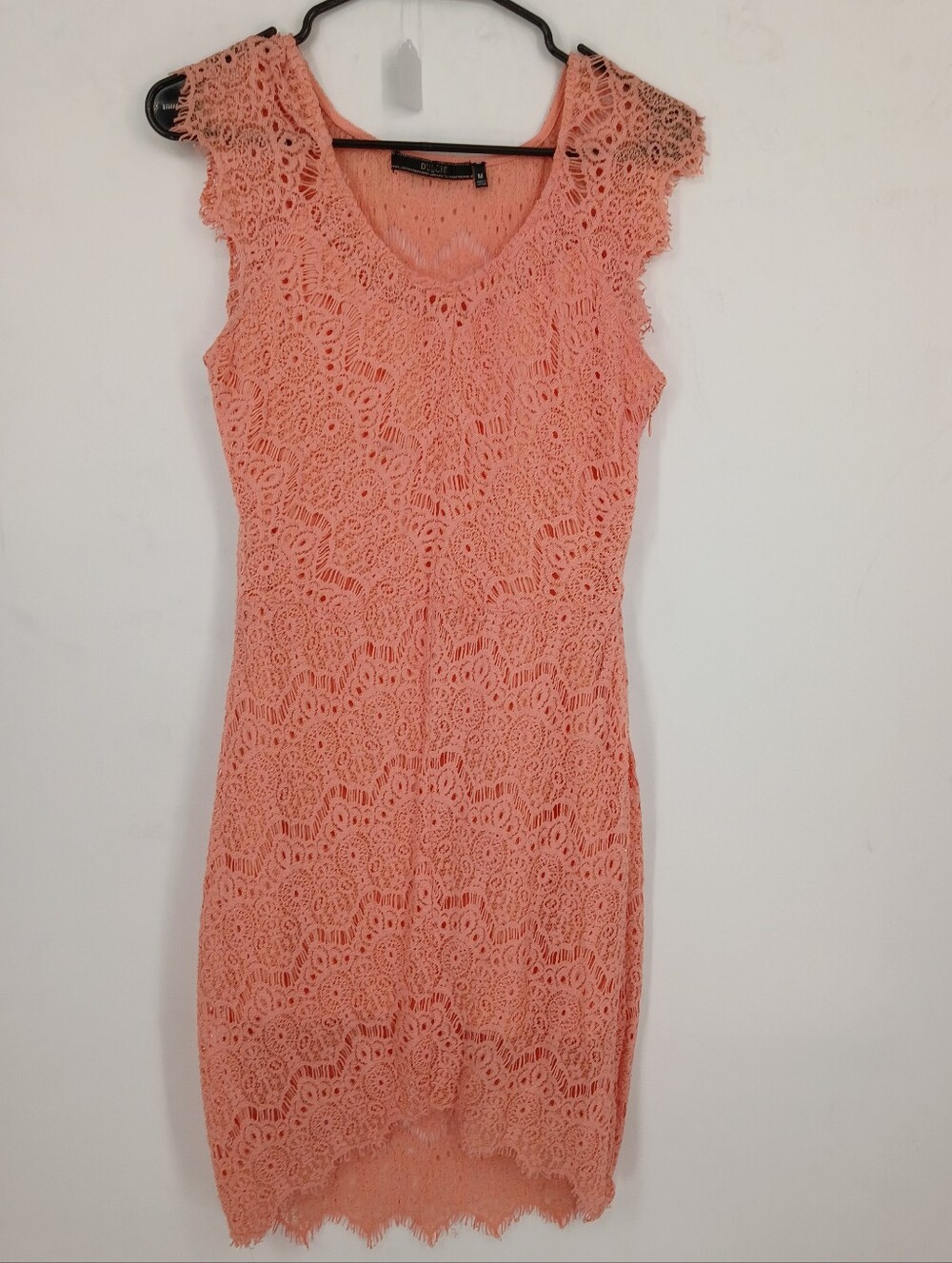 Dulcie Crochet Lace High-Low in Peach Coral Midi Sheath Dress Size Medium